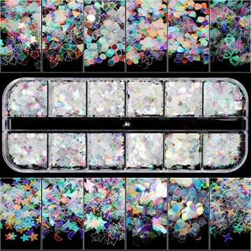 Teenitor 12 Boxes Holographic Nail Sequins, Iridescent Mermaid Flakes Ultra-Thin Colorful Glitter Sticker, for Nail Art Decoration, Paillette Cosmetic Festival Glitter, Craft or Face Hair Decor