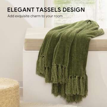 RECYCO Soft Cozy Chenille Throw Blanket with Fringe Tassel for Sofa, Living Room, Gift (Loden Green,...