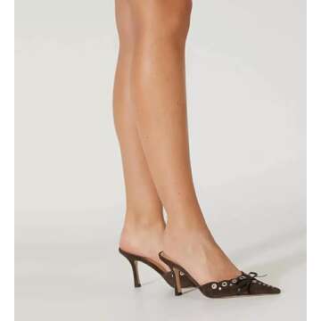 BIUBAKUA Brown Kitten Heels Women's Pointed Toe Slip On Bow Heels Mules Faux Suede Pumps Size 7.5