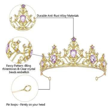 AHONEY Purple Gem Gold Tiara and Crown for Women, Crystal Mermaid Crown Rhinestone Princess Tiaras for Rapunzel Crown for Wedding Birthday Prom Halloween Party