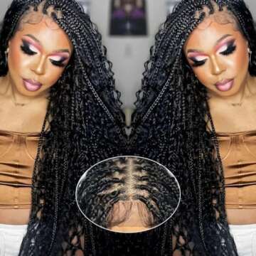 Boho Braided Wigs With Curly Ends For Women 36 inch Double Full Lace Box Braided Wig Lightweight Cor...