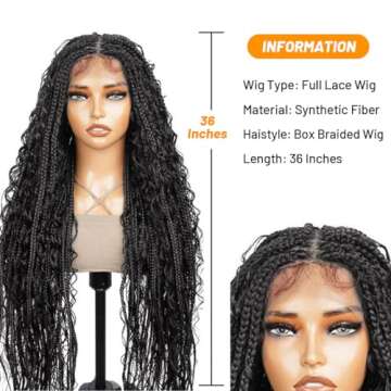 Boho Braided Wigs With Curly Ends For Women 36 inch Double Full Lace Box Braided Wig Lightweight Cornrow Braided Wigs Goddess Braided Lace Front Wig Synthetic Braided Lace Wig With Baby Hair