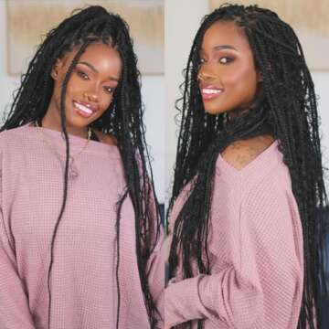 Boho Braided Wigs With Curly Ends For Women 36 inch Double Full Lace Box Braided Wig Lightweight Cornrow Braided Wigs Goddess Braided Lace Front Wig Synthetic Braided Lace Wig With Baby Hair