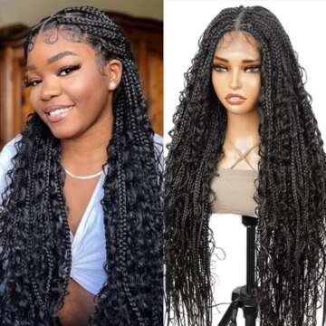 Boho Braided Wigs With Curly Ends For Women 36 inch Double Full Lace Box Braided Wig Lightweight Cornrow Braided Wigs Goddess Braided Lace Front Wig Synthetic Braided Lace Wig With Baby Hair