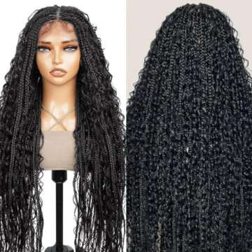 Boho Braided Wigs With Curly Ends For Women 36 inch Double Full Lace Box Braided Wig Lightweight Cornrow Braided Wigs Goddess Braided Lace Front Wig Synthetic Braided Lace Wig With Baby Hair