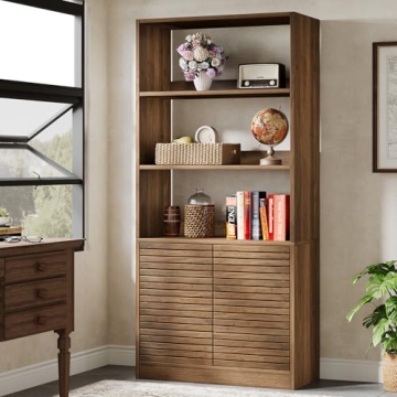 Tribesigns Bookshelf with Cabinet & Open Shelves, 68" Tall Bookcase with Shutter Doors, Floor Standi...