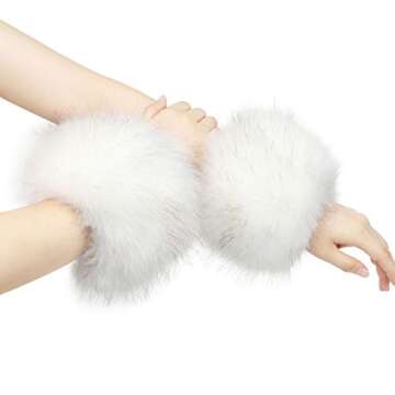 LA CARRIE Women's Leopard Print Faux Fur Wrist Cuffs,Winter Fox Furry Bands Arm Warmer (White)