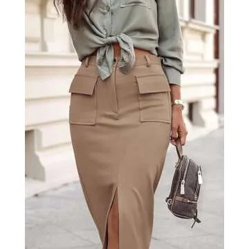 KIRUNDO Women's High Waist Midi Skirt for Office & Casual Wear