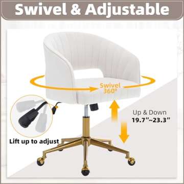 ABET Desk Chair with Wheels, Velvet Home Office Chair, Swivel Armchair Gold Base, Upholstered Modern Accent Chairs, Back Incline Adjustable for Living Room Bedroom Vanity, Off-White Cream