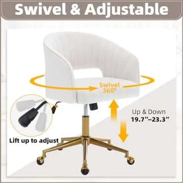 ABET Desk Chair with Wheels, Velvet Home Office Chair, Swivel Armchair Gold Base, Upholstered Modern Accent Chairs, Back Incline Adjustable for Living Room Bedroom Vanity, Off-White Cream