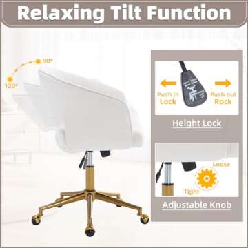 ABET Desk Chair with Wheels, Velvet Home Office Chair, Swivel Armchair Gold Base, Upholstered Modern Accent Chairs, Back Incline Adjustable for Living Room Bedroom Vanity, Off-White Cream