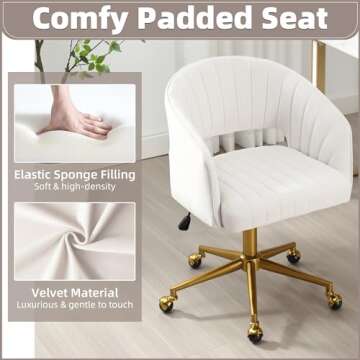 ABET Desk Chair with Wheels, Velvet Home Office Chair, Swivel Armchair Gold Base, Upholstered Modern Accent Chairs, Back Incline Adjustable for Living Room Bedroom Vanity, Off-White Cream
