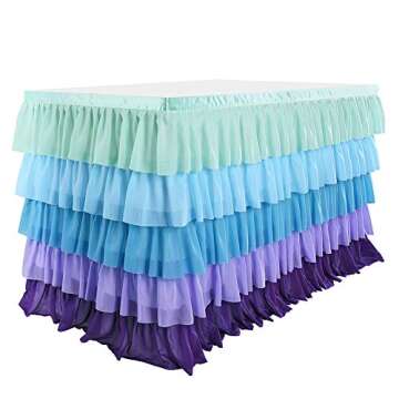 Adeeing 6ft Mermaid Tulle Table Skirt 5 Tier Purple Blue Tablecloth Tutu Ruffle Table Skirting for R...