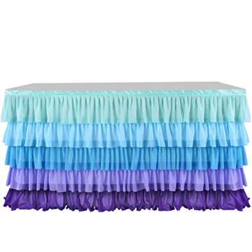 Adeeing 6ft Mermaid Tulle Table Skirt 5 Tier Purple Blue Tablecloth Tutu Ruffle Table Skirting for Rectangle or Round Table Baby Shower Birthday Wedding Party Banquet Decoration (L 72in, H 30in)