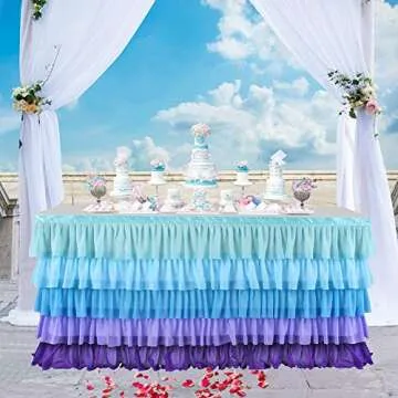 Adeeing 6ft Mermaid Tulle Table Skirt 5 Tier Purple Blue Tablecloth Tutu Ruffle Table Skirting for Rectangle or Round Table Baby Shower Birthday Wedding Party Banquet Decoration (L 72in, H 30in)