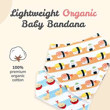 The Wee Bean Organic Cotton Bandana Baby Bibs, Chemical-Free Teething Bibs for Drooling & Eating, Gentle & Absorbent Baby Bibs for Boys and Girls, Adjustable 2-Piece Set, Japan Sushi Design