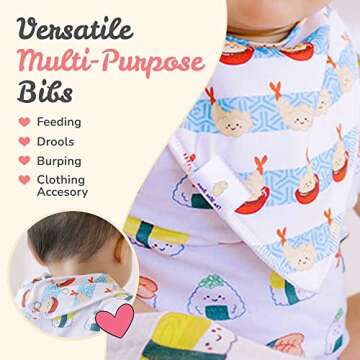 The Wee Bean Organic Cotton Bandana Baby Bibs, Chemical-Free Teething Bibs for Drooling & Eating, Gentle & Absorbent Baby Bibs for Boys and Girls, Adjustable 2-Piece Set, Japan Sushi Design
