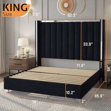 Jocisland King Size Bed Frame with 58" Tall Headboard, Velvet Upholstered Platform Bed with Channel ...