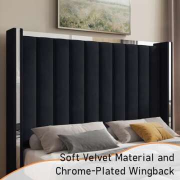 Jocisland King Size Bed Frame with 58" Tall Headboard, Velvet Upholstered Platform Bed with Channel Tufted Wingback Headboard and Plating Trim, No Box Spring Needed, Black