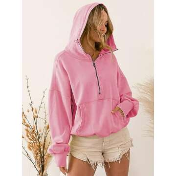 Plustrong Womens Half Zip Hoodies Casual Long Sleeve Cropped Sweatshirts Quarter Zip Pullover (Pink,L)
