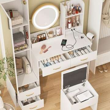 White Vanity Desk with Mirror and Lights & Full Length Mirror, Vanity Mirror with Lights Desk and Chair & Charging Station, 4 Drawers and Lots Storage Shelves