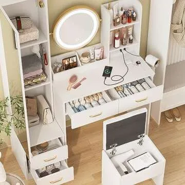 White Vanity Desk with Mirror and Lights & Full Length Mirror, Vanity Mirror with Lights Desk and Chair & Charging Station, 4 Drawers and Lots Storage Shelves