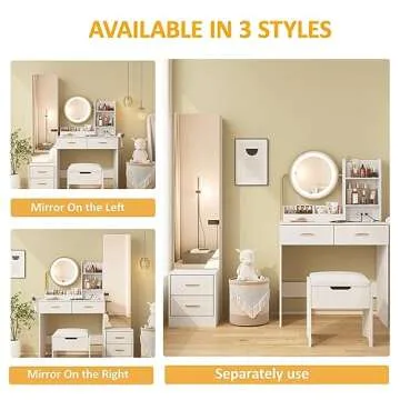 White Vanity Desk with Mirror and Lights & Full Length Mirror, Vanity Mirror with Lights Desk and Chair & Charging Station, 4 Drawers and Lots Storage Shelves