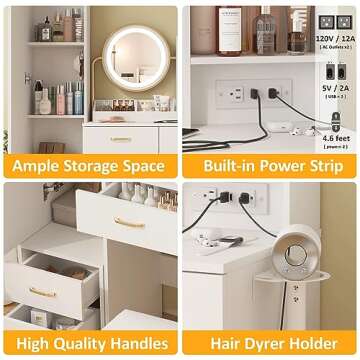 White Vanity Desk with Mirror and Lights & Full Length Mirror, Vanity Mirror with Lights Desk and Chair & Charging Station, 4 Drawers and Lots Storage Shelves