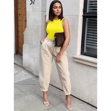 REORIA Womens Sexy Sleeveless Halter Neck Racer Back Leotard High Waist Thong Bodysuits Tank Tops Yellow Large