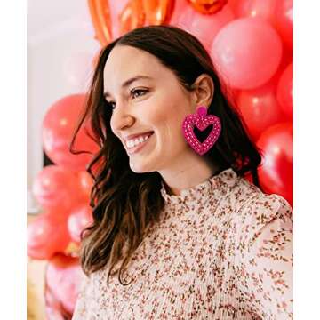 XOCARTIGE Valentine’s Day Earrings for women Heart Dangle Drop Earrings Red Beaded Earrings Romantic Sparkling Rhinestone Handmade Gift Earrings (Rose Red)