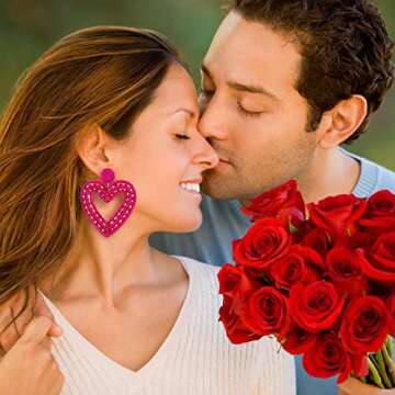 XOCARTIGE Valentine’s Day Earrings for women Heart Dangle Drop Earrings Red Beaded Earrings Romantic Sparkling Rhinestone Handmade Gift Earrings (Rose Red)