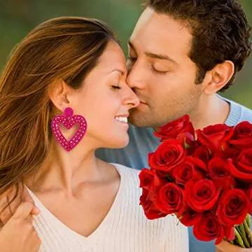 XOCARTIGE Valentine’s Day Earrings for women Heart Dangle Drop Earrings Red Beaded Earrings Romantic Sparkling Rhinestone Handmade Gift Earrings (Rose Red)