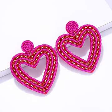 XOCARTIGE Valentine’s Day Earrings for women Heart Dangle Drop Earrings Red Beaded Earrings Romantic Sparkling Rhinestone Handmade Gift Earrings (Rose Red)