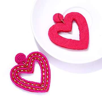 XOCARTIGE Valentine’s Day Earrings for women Heart Dangle Drop Earrings Red Beaded Earrings Romantic Sparkling Rhinestone Handmade Gift Earrings (Rose Red)