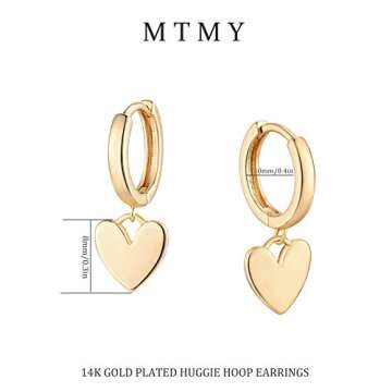 14K Gold Plated Dainty Dangle Hoop Earrings for Women Heart Pendant Huggie Earrings