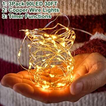 TURNMEON [ Timer ] 3 Set Fairy Lights, Total 90 LED, Warm White Battery Powered Copper Wire Fairy Li...