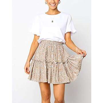 Relipop Women's Flared Short Skirt Polka Dot Pleated Mini Skater Skirt with Drawstring (Beige,Small)