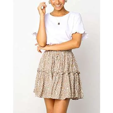 Relipop Women's Flared Short Skirt Polka Dot Pleated Mini Skater Skirt with Drawstring (Beige,Small)