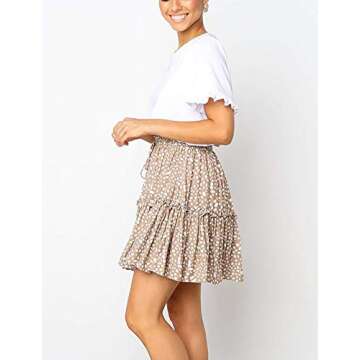Relipop Women's Flared Short Skirt Polka Dot Pleated Mini Skater Skirt with Drawstring (Beige,Small)
