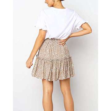 Relipop Women's Flared Short Skirt Polka Dot Pleated Mini Skater Skirt with Drawstring (Beige,Small)