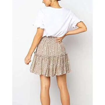 Relipop Women's Flared Short Skirt Polka Dot Pleated Mini Skater Skirt with Drawstring (Beige,Small)