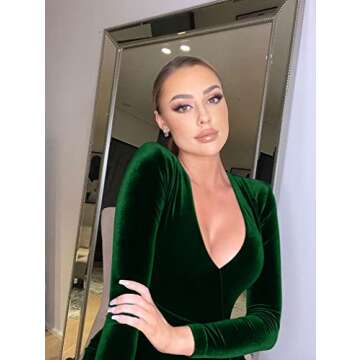 ZileZile Women's Sexy Bodycon Long Sleeve Deep V Neck High Slit Cocktail Party Maxi Dresses greenblack