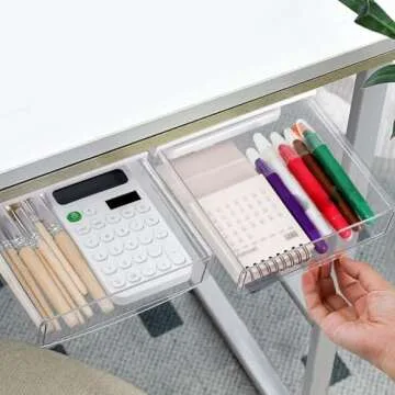 SOUJOY 3 Pack Under Desk Drawer, Self-Adhesive Slide Out Organizer Tray, Plastic Stick On Table Hidden Attachable Drawer Tray for Office Home School Kitchen