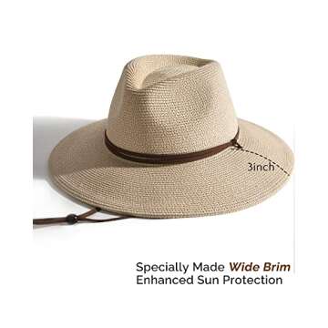 FURTALK Womens Summer Straw Sun Hats Wide Brim Panama Fedora Beach Hat with Wind Lanyard UPF 80+ Beige