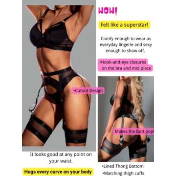 Kaei&Shi Garter Belt Thong Lingerie For Women,Strappy Hollow Out Sexy Lingerie,Underwire Mesh Sheer Matching 4 Piece Lingerie Set Boudoir Black Large