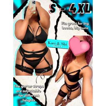 Kaei&Shi Garter Belt Thong Lingerie For Women,Strappy Hollow Out Sexy Lingerie,Underwire Mesh Sheer Matching 4 Piece Lingerie Set Boudoir Black Large