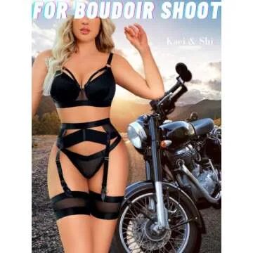 Kaei&Shi Garter Belt Thong Lingerie For Women,Strappy Hollow Out Sexy Lingerie,Underwire Mesh Sheer Matching 4 Piece Lingerie Set Boudoir Black Large