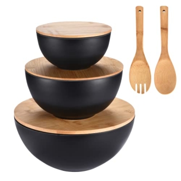 Eco-Friendly Bamboo Salad Bowls with Wooden Lids - Set of 3