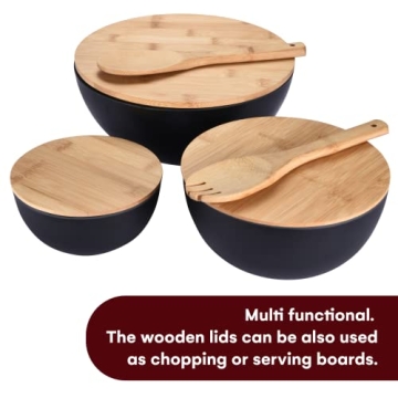 Bamboo Salad Bowls with Wooden Lids - Eco-Friendly Set of 3