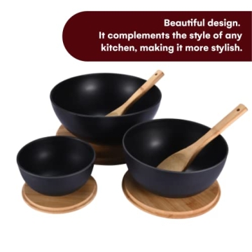 Bamboo Salad Bowls with Wooden Lids - Eco-Friendly Set of 3